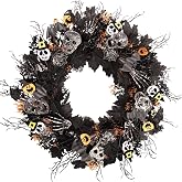 Hyndora 24 in Spooky Halloween Wreath for Front Door, Gothic Halloween Wreath with Skulls, Skeleton Hands, Bats, Spider Web and Jack‑O‑Lantern Ornaments, Scary Seasonal Home Decor for Halloween Party