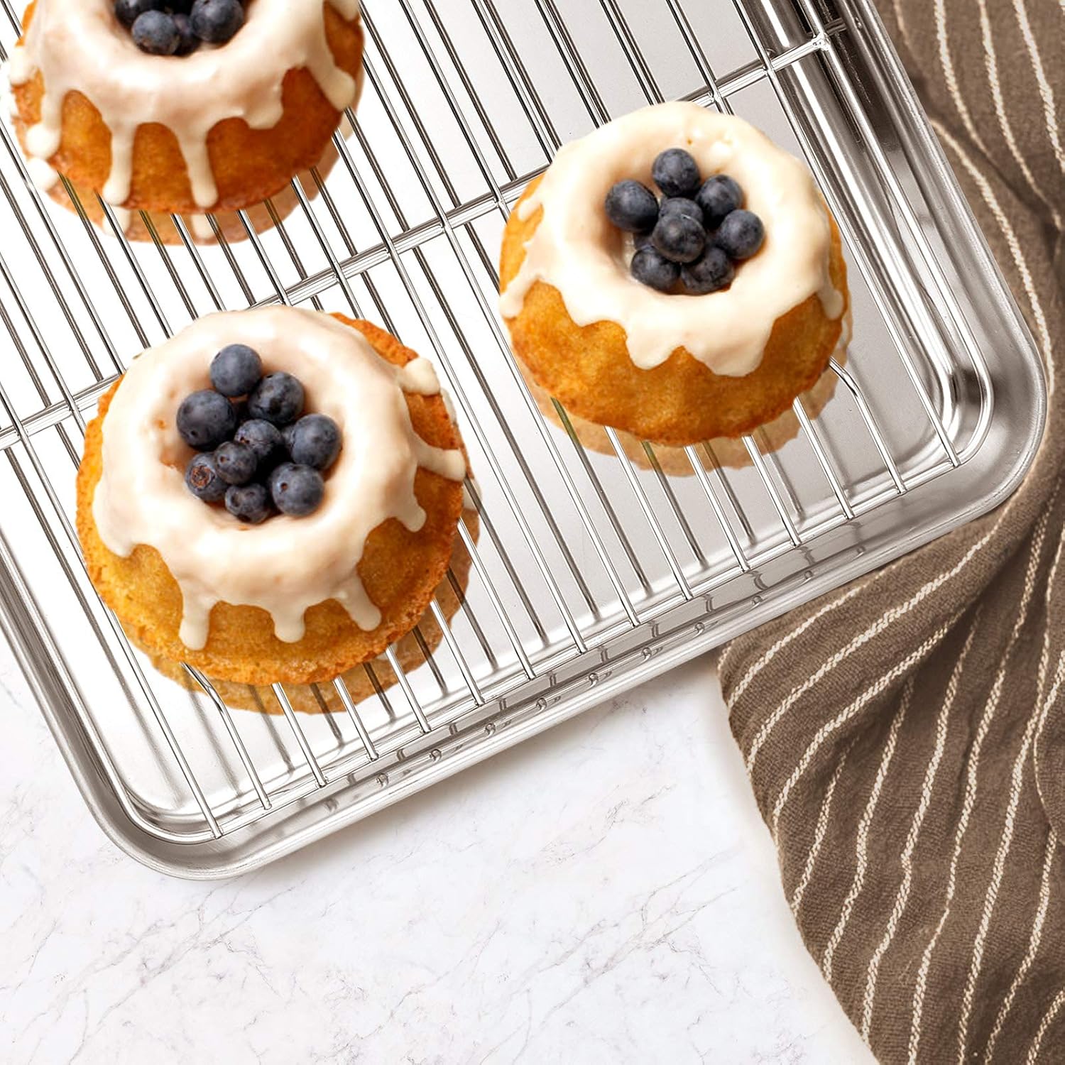 9-Piece Stainless Steel Bakeware Sets, E-far Metal Baking Pan Set Include Round/Square Cake Pans, Rectangle Baking Pan with Lid, Loaf Pan, Muffin Pan, Cookie Sheet with Rack, Dishwasher Safe: Kitchen & Dining