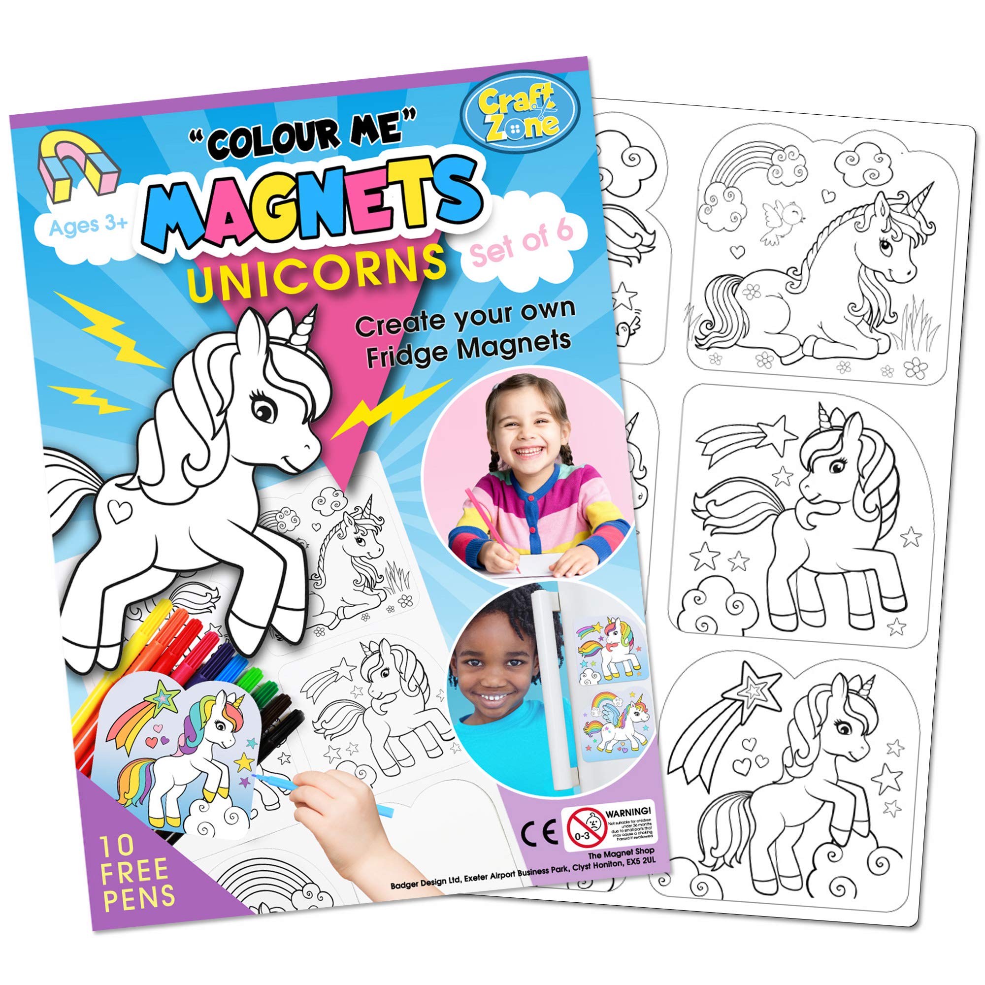 Colour Me Magnets! - Colour In Magnetic Crafts for Children and Toddlers, Made with Soft, Flexible and CE Approved Materials. Each Pack has 6 Designs and 10 Free Felt Tip Pens! (Unicorns)