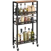 Slim Rolling Cart, 4-Tier Narrow Kitchen Storage Cart, Slim Utility Cart on Wheel, Skinny Bathroom storage cart with Wood Tabletop, 6.0" Deep, For Kitchen, Dining Room, Living Room, Laundry Room
