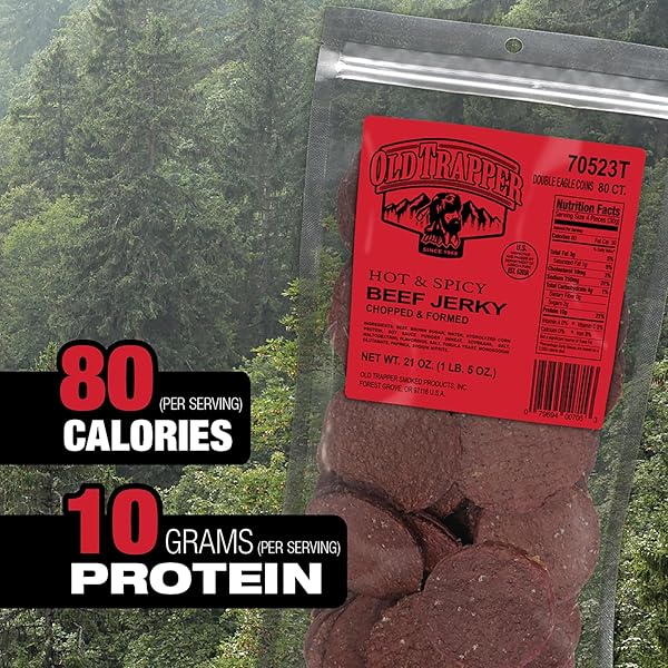OLD TRAPPER DOUBLE EAGLE BEEF JERKY, HOT & SPICY FLAVOR, 21 OUNCE PACKAGE, NATURAL WOOD SMOKED MEAT SNACKS, 10 GRAMS OF PROTEIN AND 80 CALORIES PER SERVING (PACK OF ONE)