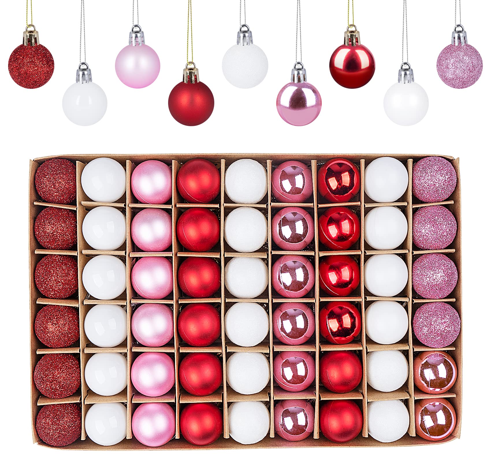 Photo 1 of ** MISSING ITEMS**Mini Christmas Ornaments, 54 Pcs 1.2 Inch Pink/Red/White Glitter Christmas Tree Ornaments Hanging Balls, Small Shatterproof Plastic Decorative Ornaments Baubles for Xmas Tree Party Indoor Decor