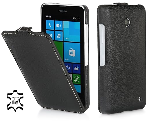 StilGut UltraSlim Case, Tasche aus Leder kompatibel mit Nokia Lumia 630/630 Dual SIM, schwarz