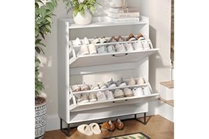 Maupvit Shoe Storage Cabinet with 2 Flip Louvered Doors, Freestanding Organizer with Metal Legs, Shoe Cabinet for Entryway, Narrow Shoe Rack Cabinet, White
