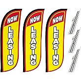 LookOurWay Real Estate Themed Feather Flag Pole Kit 3 Pack - 5 Feet Tall Now Leasing Advertising Flags with 3 Banners, 3 Pole Sets, and 3 Ground Spikes (Now Leasing Yellow 10M500007)