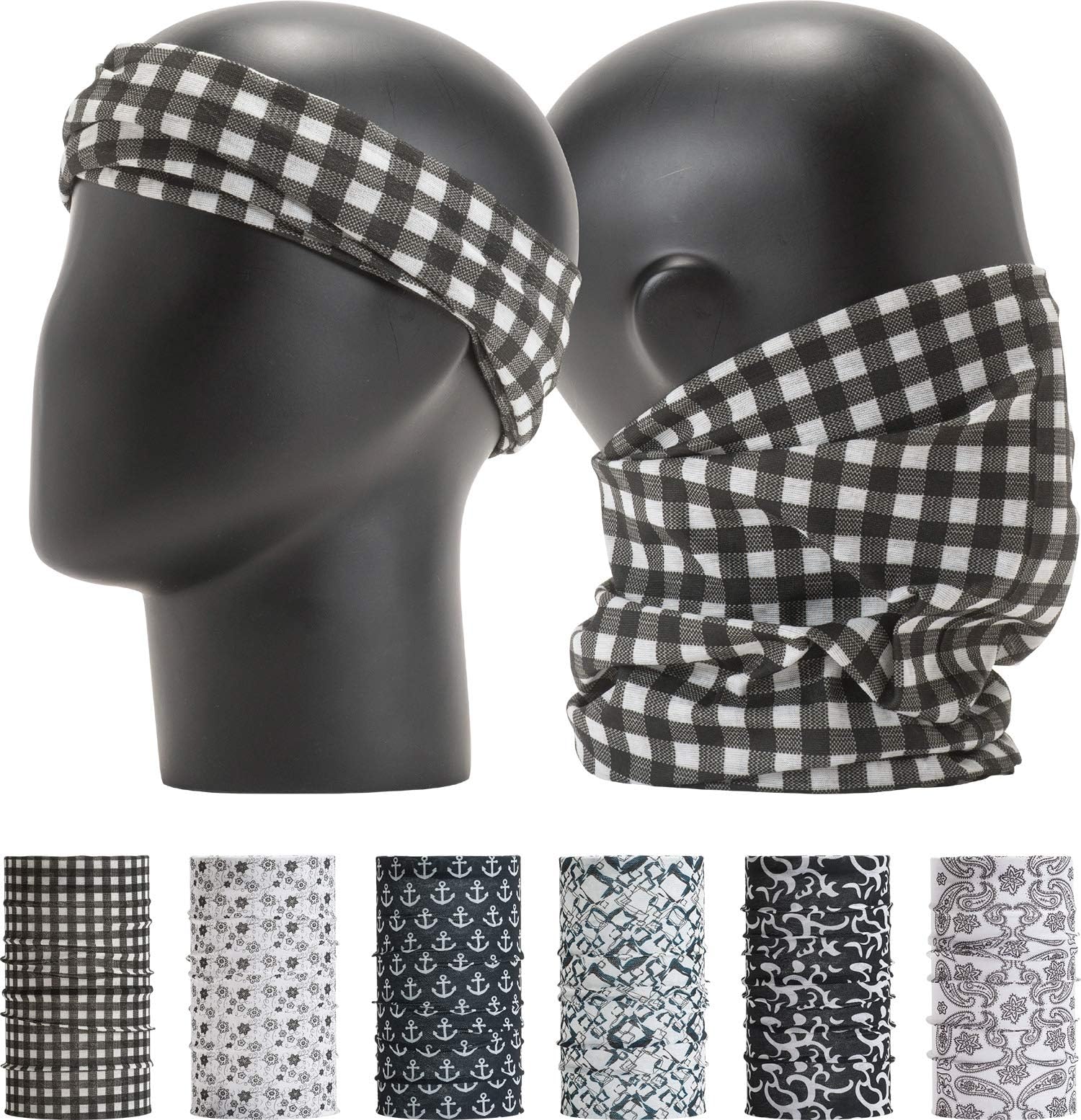 Leevo Pattern Bold Headwear Scarf Boho Headband Wrap Shield Neck Gaiter Bandana (Free Size (18.5” 9.25”), Black and White Assorted No.1, 6pcs total)