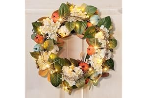 JOHOO Fall Wreath for Front Door, 24” Autumn Artificial White Pumpkins, Hydrangeas, Maples Leaf Harvest Wreaths for Thanksgiving Porch, Window Indoor Decoration with 35 Warm White LED