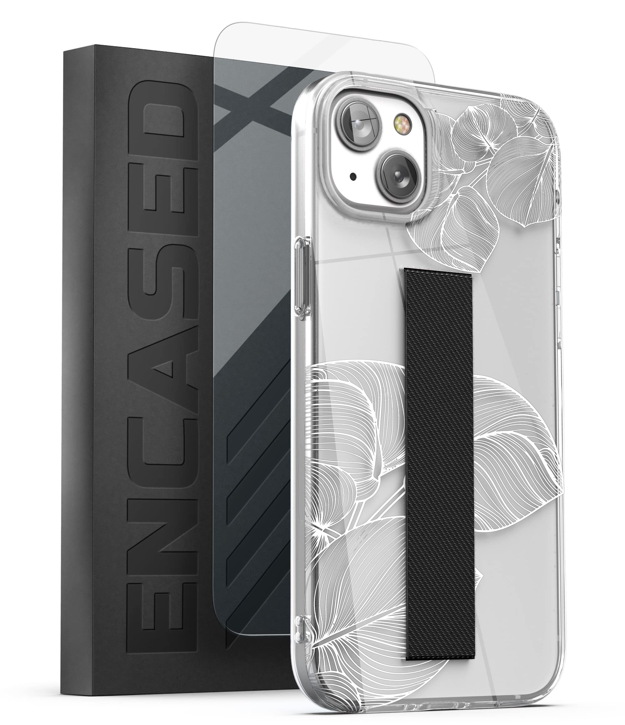 ENCASED Finger Loop Case Designed for iPhone 14 with Strap Grip and Screen Protector (Clear/White Lace Leaf)