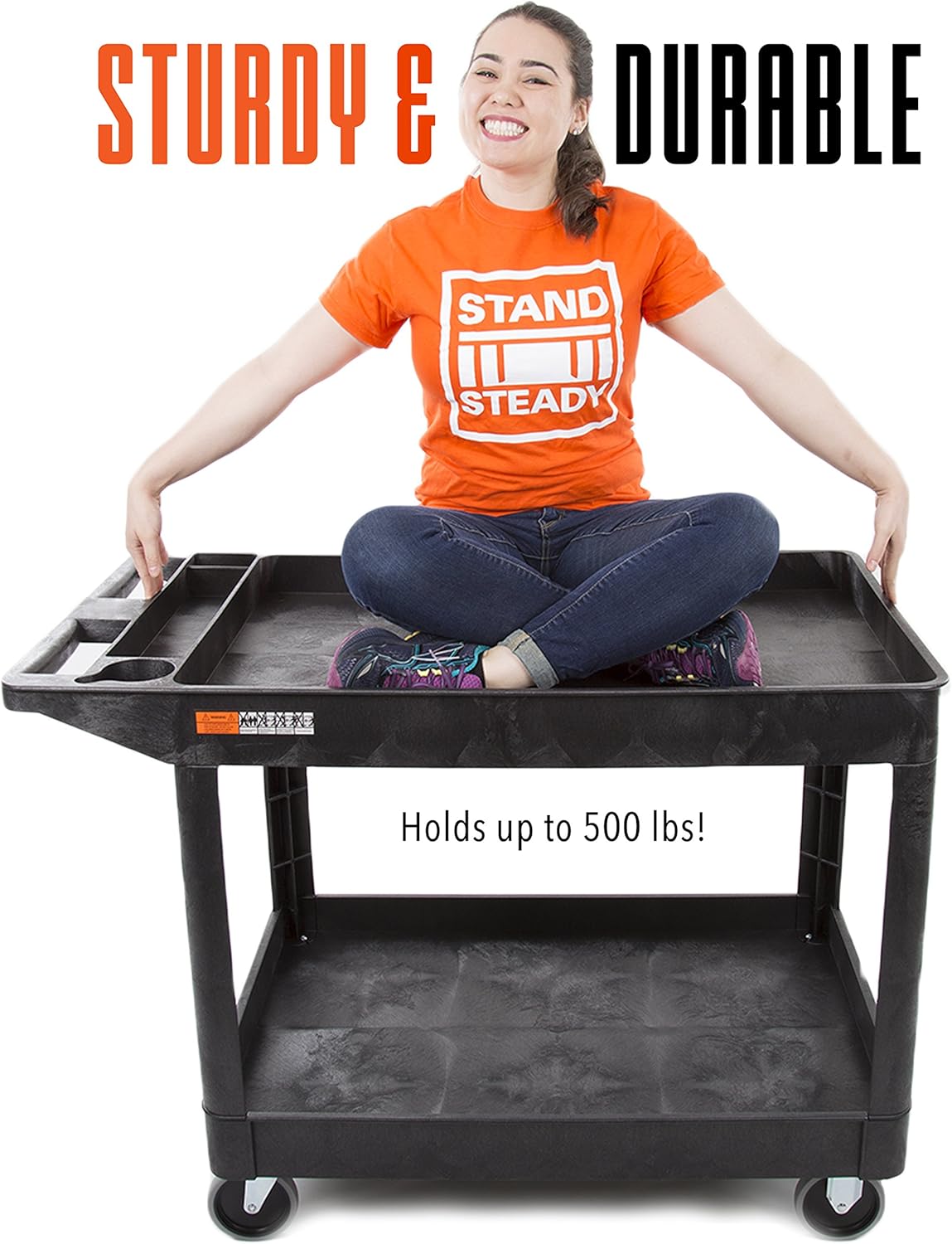 Stand Steady Original Tubstr Extra Large Utility Cart - Heavy Duty Tub Cart Holds up to 500 Pounds - 2 Shelf, Huge Rolling Cart - Great for Warehouse, Garage and More (45.5 x 24.5 / Black): Furniture & Decor