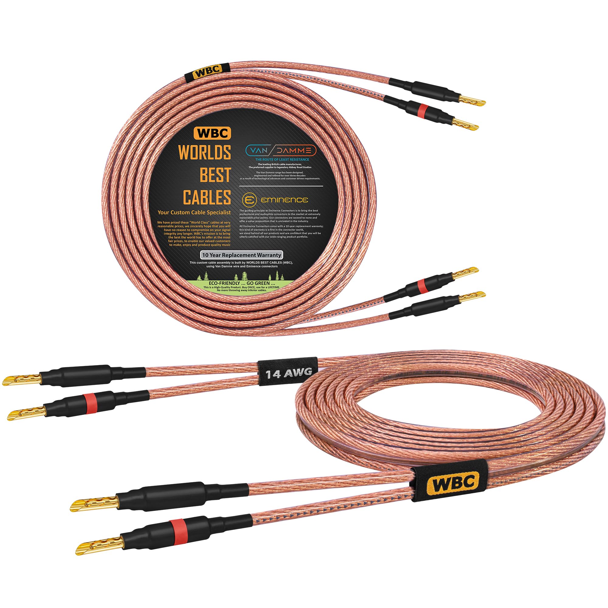WORLDS BEST CABLES Van Damme 2 x 2.50 mm2 (2x 14AWG) - 2.5 Meter – 99.99% UP-LCOFC Figure-8 Audiophile Hi-Fi Speaker Cable Pair w/Eminence Gold Plated Banana Plugs