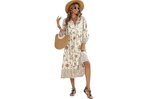 R.Vivimos Women's Long Sleeve Floral Print Retro V Neck Tassel Bohemian Midi Dresses