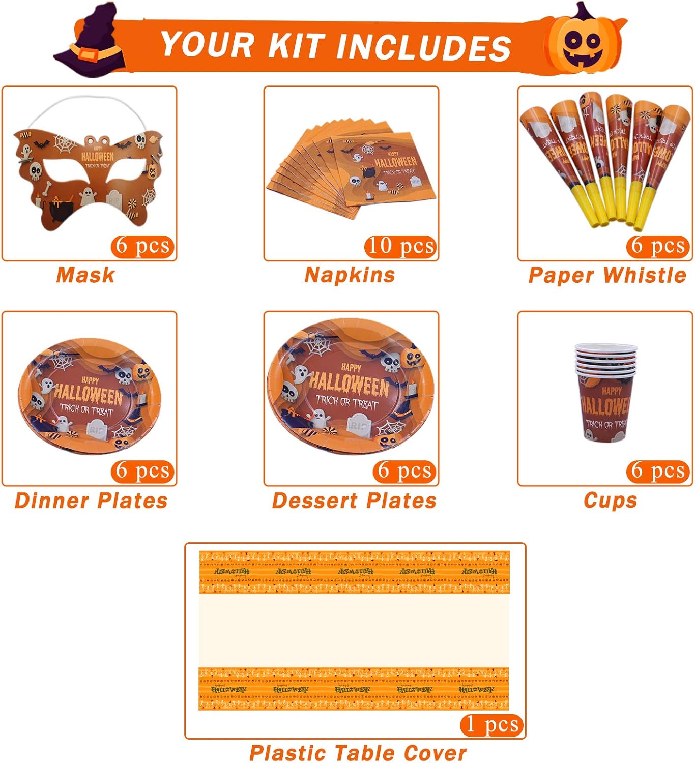 Halloween Party Supplies for kids - Perfect Halloween Party Supplies Pack for Spooky Halloween Themed Parties, Disposable Tableware Kit for 6 People, includes 78 pieces of party accessories: Toys & Games