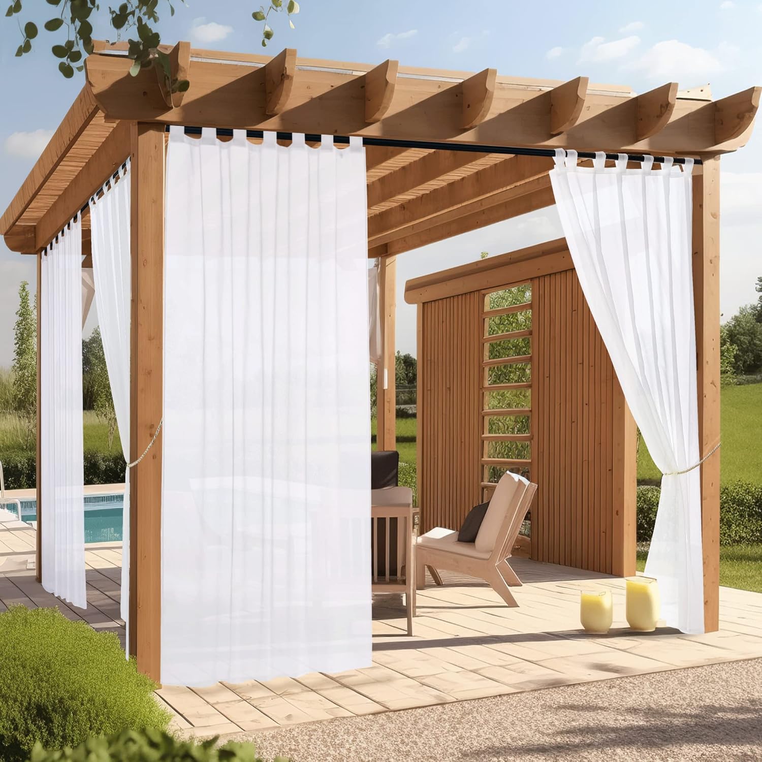 Outdoor Curtains - NICETOWN 2 Panels White Outdoor Patio Curtains Waterproof, Tab Top Lightweight Elegant Indoor Outdoor Sheer Voile Drapes Airy with Light Filtering for Yard/Gazebo, W54 x L96