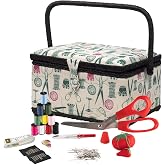 SINGER Large Sewing Basket Kit, Vintage Spools, Notions Pack, 127 Count | 127-piece sewing basket kit in vintage-spool print; tray insert, collapsible handle and full notions pack, great starter gift