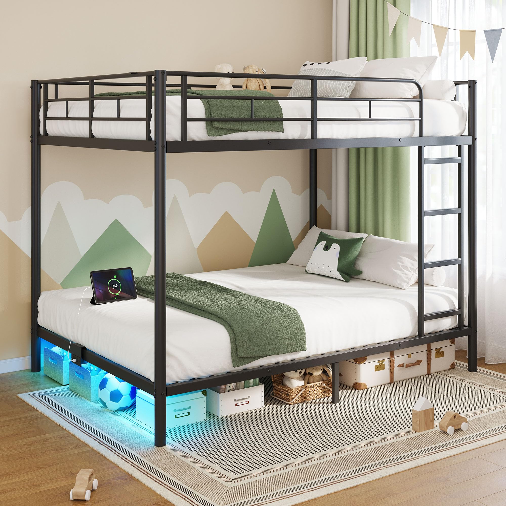 Rolanstar Metal Bunk Bed Twin Over Twin with USB Charging Station, LED Bunk Bed & Space-Saving, Bed with Safety Guardrail & Ladders, No Box Spring Needed, Easy Assembly, Black Image