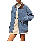 Zontroldy Women's Contrast Collar Denim Jacket Button Down Oversized Jean Shacket Jackets Coat with Pockets