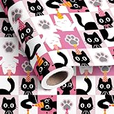 Dtiafu Cat Wrapping Paper Roll - Pink White Checkered Cute Kitten with Party Hat Gift Wrap Design for Wedding Birthday Kids B