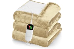 greenoak Heated Blanket Electric Throw 50"X60", Heating Blanket with 10 Heat Levels 1/2/4/6/8 Hours Auto-Off Overheat Protection, Flannel Sherpa Soft Warm Heater Blanket, ETL Certified Beige