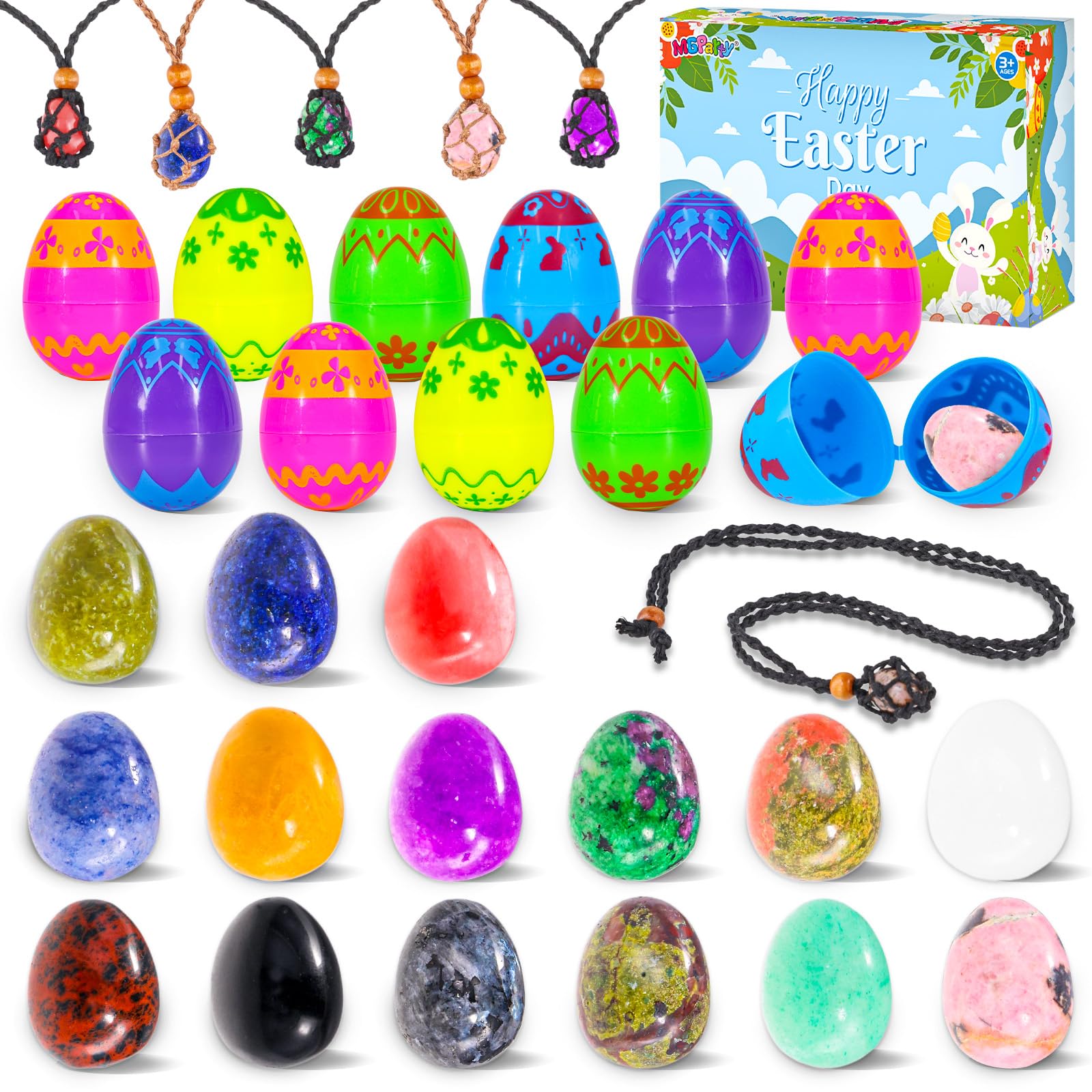 MGparty 15 Pack Prefilled Easter Eggs with Gemstones, Filled Easter Eggs for Kids Boys Girls, Easter Egg Fillers, Basket Stuffers, Egg Hunt Prizes, Classroom Party Favors, Easter Toys