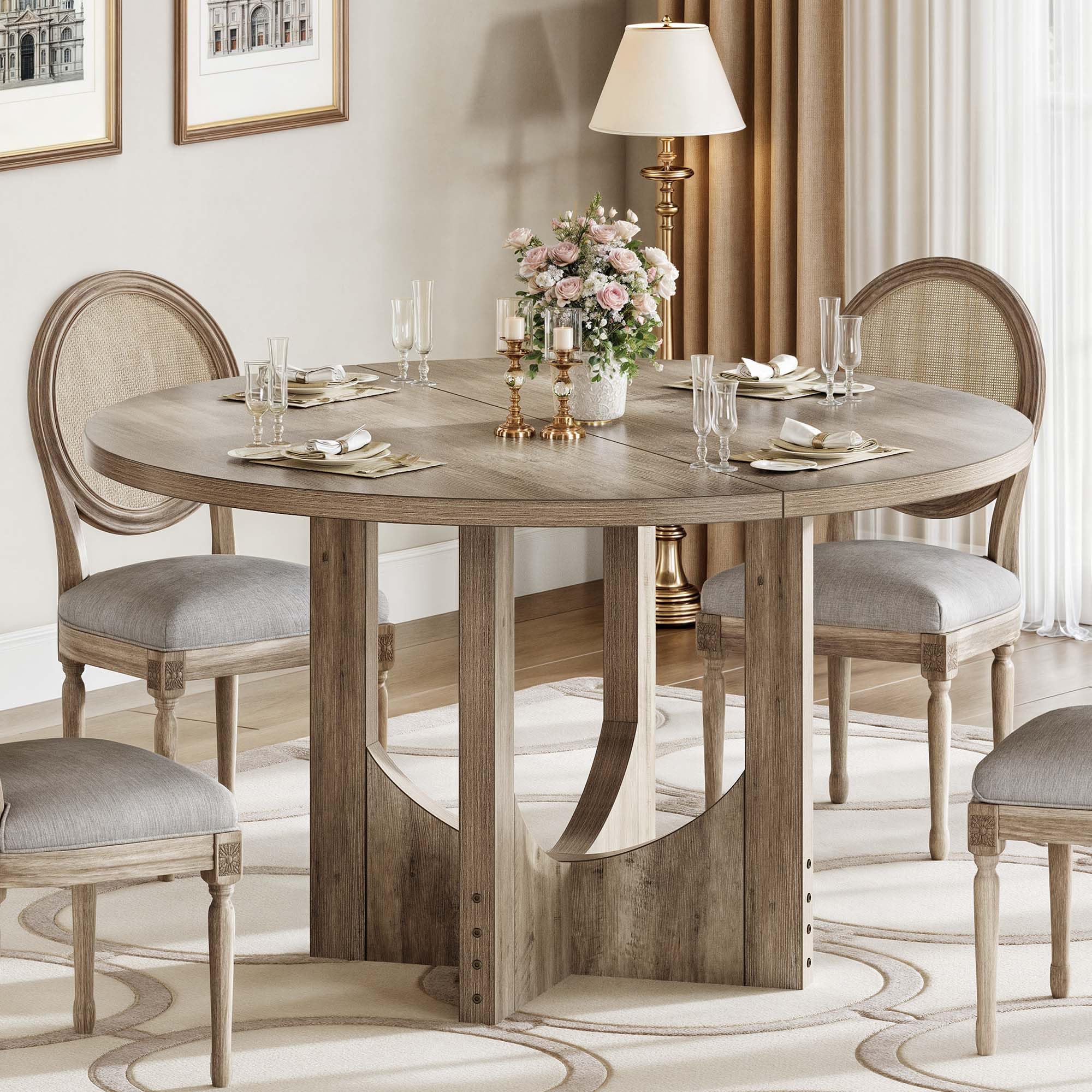 Photo 1 of ** VERU USED UNKNOWN MISSING PARTS **  DWVO Round Dining Table for 4-6 People 47.24" Large Circle Dining Room Table Rustic Kitchen Table Round with Wooden Pedestal Base Farmhouse Dinner Table for Kitchen Dining Room Apartment Grey Oak