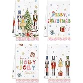 Christmas Kitchen Towels Dish Towels Set of 4, Pink Cute Nutcrackers Kitchen Towels Holiday Holly Xmas Trees Gifts Winter Snowflake Hand Towels for Nutcracker Christmas Kitchen Decor, 18 x 26 Inch