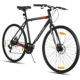 HILAND 700C Hybrid Bike, Road City Commuter Bicycle for Men Women Adult | Lightweight aluminum step-over frame, 7-speed drivetrain, dual disc Brake, wide saddle, unisex bike