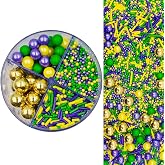 Mix Mardi Gras Sprinkles, Edible Purple Yellow Green 2mm Nonpareils, Jimmies, 7mm Pearls, 10mm Gold Pearls for Cake Decorating, Baking, Ice Cream, Cookies, Cupcake Topper Decorations, 5.64oz