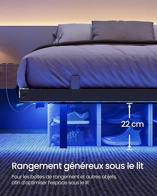 Lit Flottant 90 x 190 cm, avec Lumières LED, Station de Charge