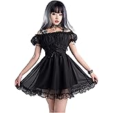 MEOWCOS Gothic Clothes Dress Cute A-Line Lace Mini Dress Goth Vintage Dresses for Women Party Dress Black