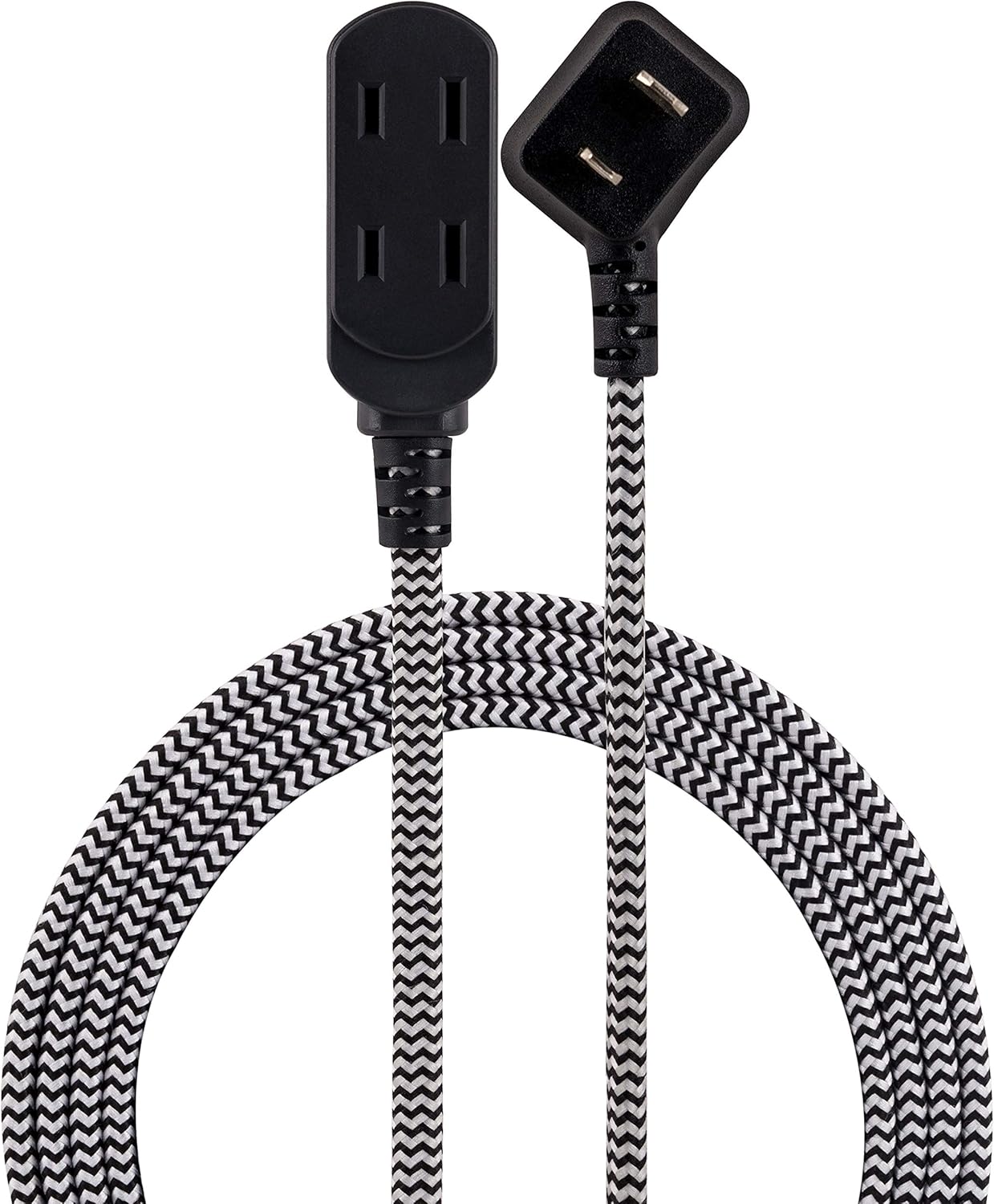 Cordinate Designer Extension, 2 Prong Power Strip, Extra Long 8 Ft Cable with Flat Plug, Braided Chevron Fabric Cord, Slide-to-Lock Safety, Black/White, 39984 3 Polarized Outlets, 8 ft, 8 Ft - - 