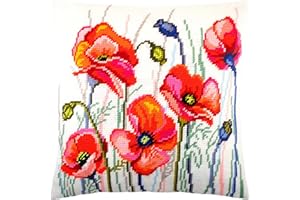 Brvsk Floral Needlepoint Kit for Adults and Beginners — Poppy Field 16″ × 16″ with Clear, Precise Printed Design on Cotton Canvas; Includes 2 Needles, Yarn, and Easy-Read Chart