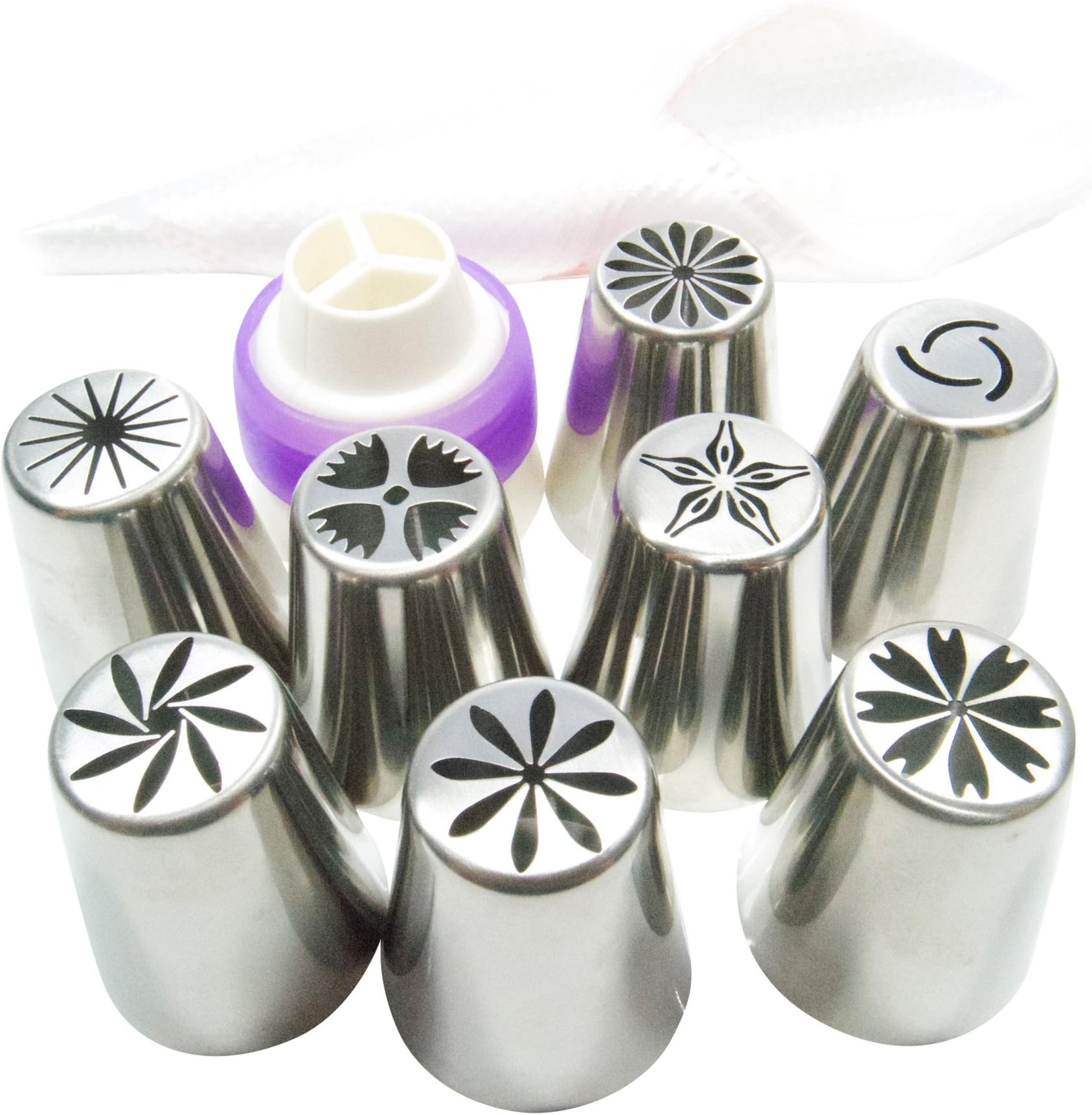 Pridebit New Russian Piping Tips Cake/Cupcake Decorating Tips 8 Extra Large Stainless Steel Icing Nozzles 1 Tri-color Coupler 10 Disposable Pastry Bags