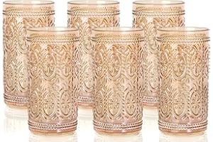 6 Pack Highball Beverage Glass Cup, 12oz Amber Glassware Drinking, Vintage Embossed Drinking Glasses, Old Fashioned Glass for