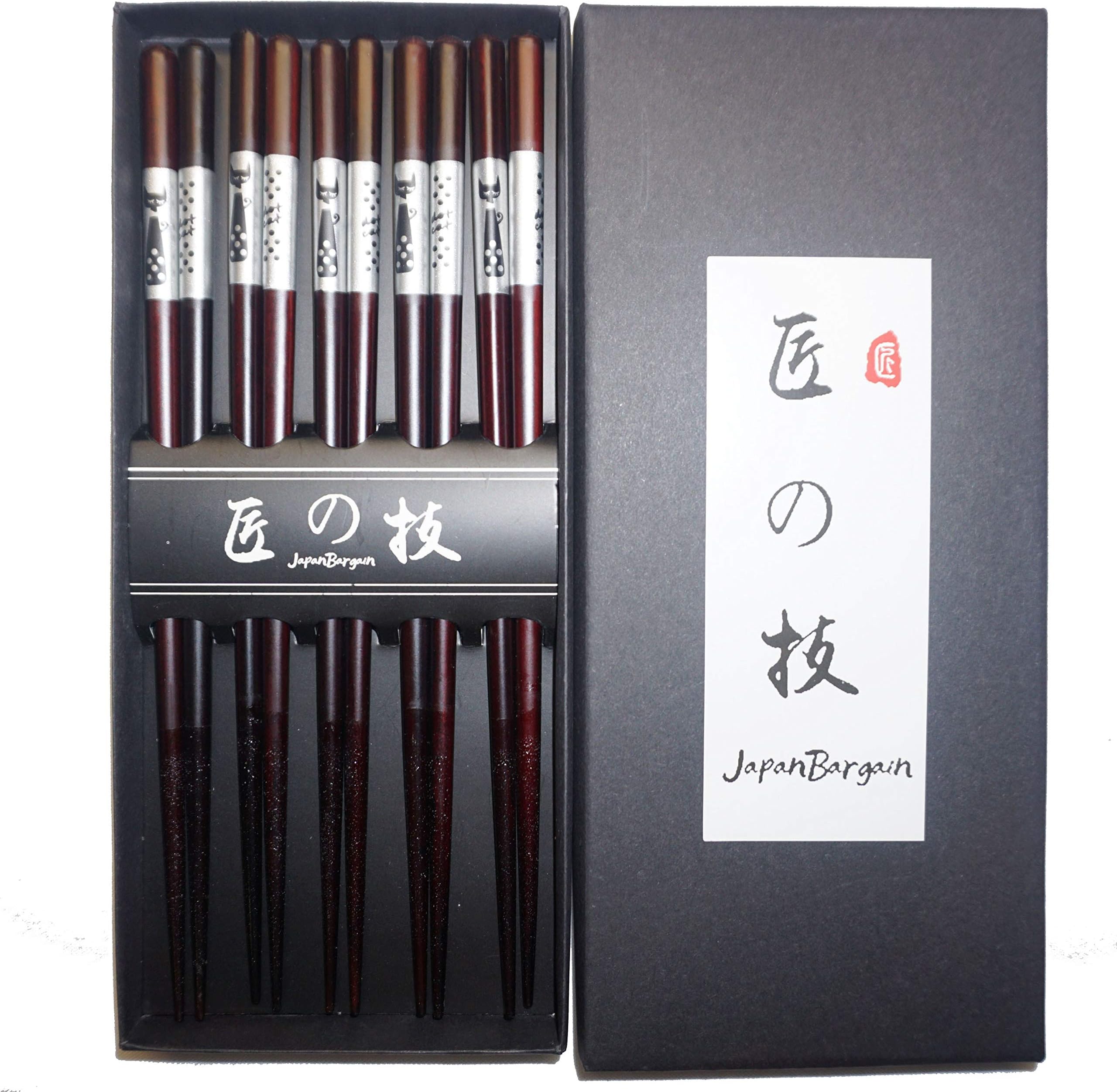 JapanBargain 4509, Bamboo Chopsticks Reusable Japanese Chinese Korean Wood Chop Sticks Hair Sticks 5 Pair Gift Boxed Set Dishwasher Safe, 9 inch (Silver-Cat)