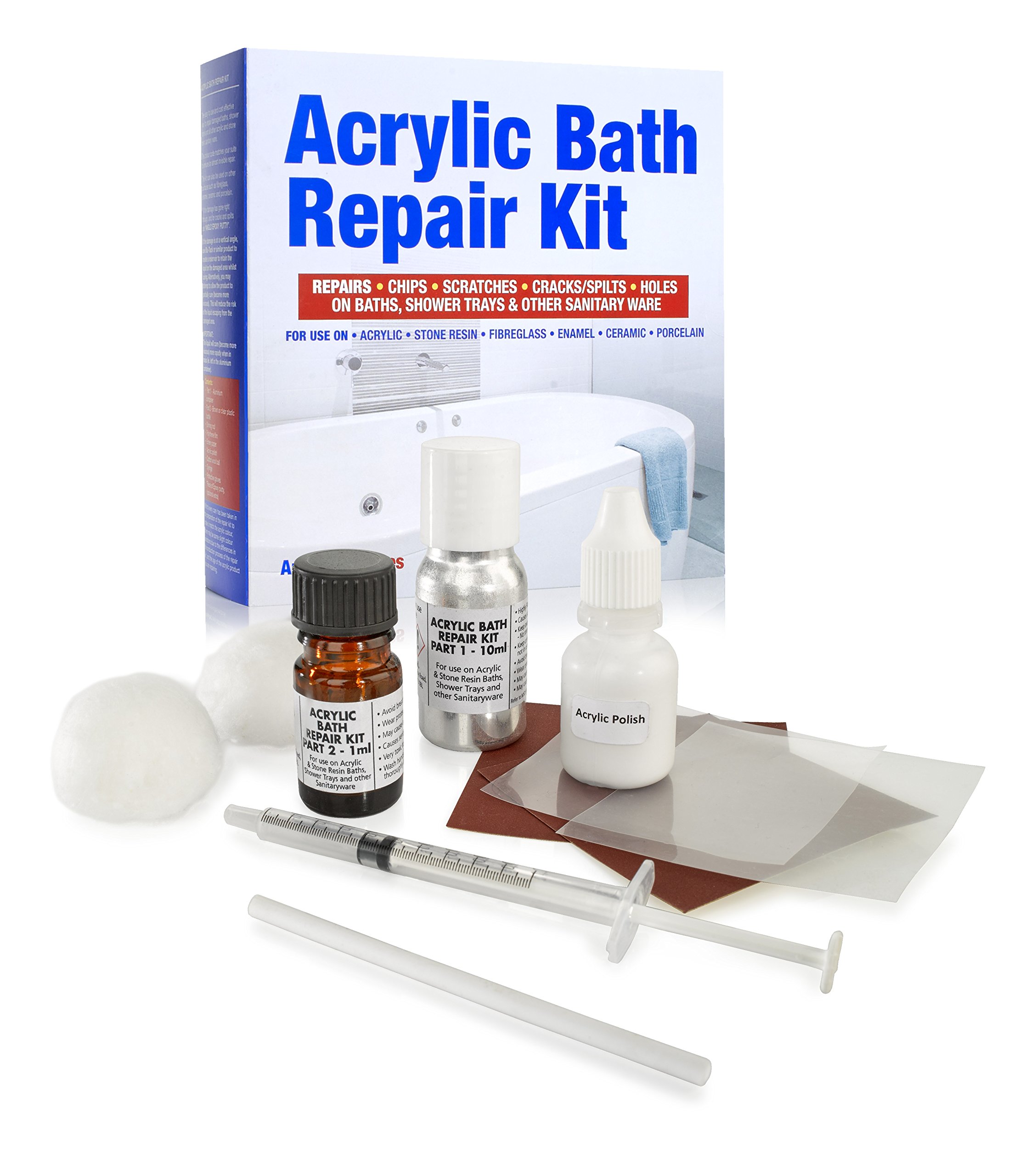 Acrylic Bath Repair Kit White, for Repairing Chips, Scratches, Dents & Hairline Cracks on Acrylic, Fibreglass and Stone Resin Baths & Shower Trays