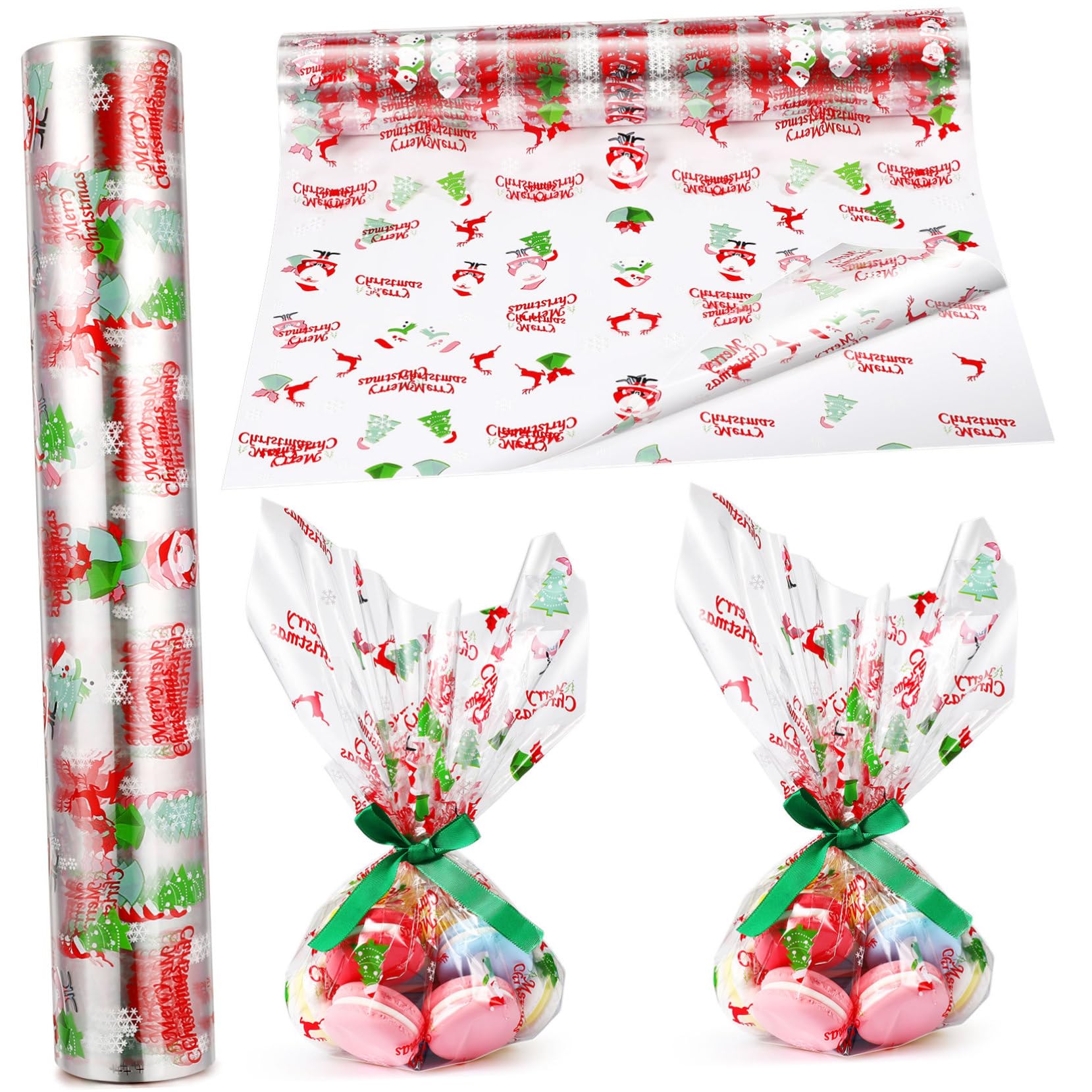 Christmas Cellophane Wrap Roll: Unfolded Width 80CM X 30M Santa Claus Pattern Clear Paper Wrapper Transparent Wrapping Packing Paper for Flower Basket Xmas, 3 Mil Thicken