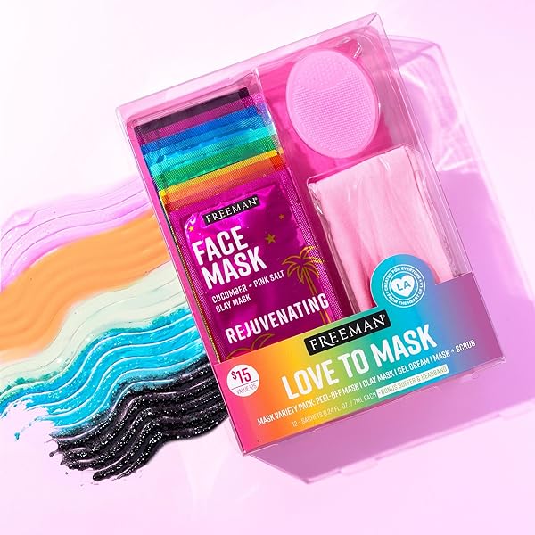 FREEMAN 14 PIECE LOVE TO MASK VARIETY PACK, FACIAL MASKS FOR ALL SKIN TYPES, HYDRATE, DETOXIFY, & CLEAR SKIN, EXFOLIATING SCRUB, BONUS HEADBAND AND SKIN BUFFER, FACE MASKS ARE CRUELTY-FREE & VEGAN