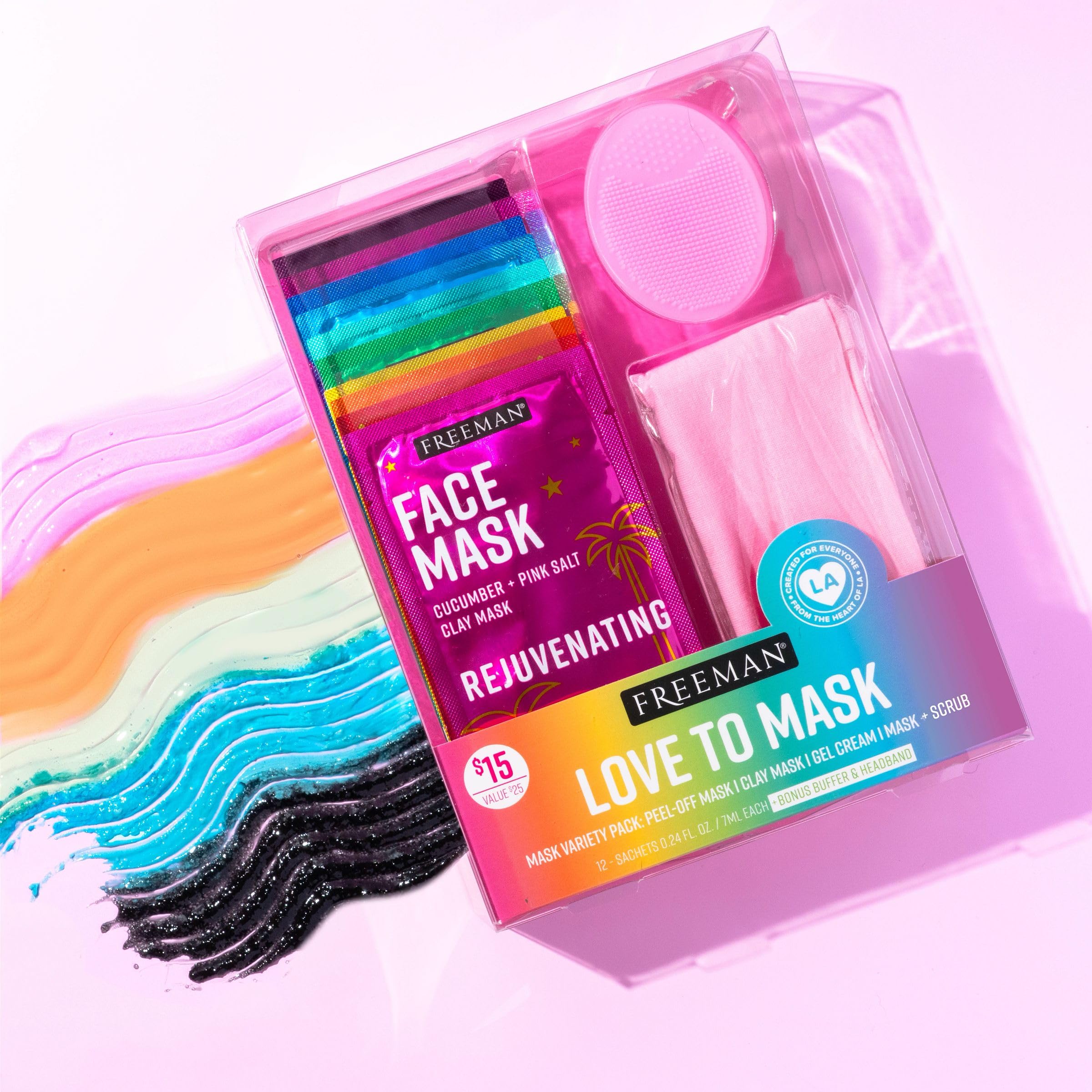 Freeman Facial Love To Mask Variety Pack: Oil Absorbing Clay, Detoxifying Charcoal, Clearing Peel Off, Hydrating Gel Cream, Exfoliating Scrub (14 Piece Kit with Bonus Buffer and Headband)