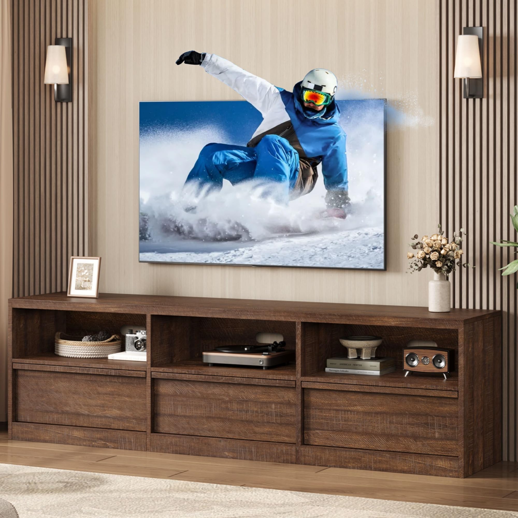 Photo 1 of **SELLING FOR PARTS. MAJOR DAMAGE TO BIG PIECES. **IDEALHOUSE 70 inch TV Stand for 80" TVs, Mid Century Modern Entertainment Center with Storage Drawer & Open Shelves, Wood Media Console Cabinet for Living Room/Bedroom, Vintage