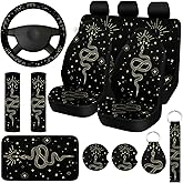 Riakrum 15 Pcs Boho Celestial Snake Seat Covers Full Set Thick Car Front and Back Steering Wheel Cover Seatbelt Strap Armrest Pads Cup Mat Wrist Strap Key Chains for Auto Truck