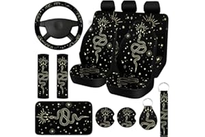 Riakrum 15 Pcs Boho Celestial Snake Seat Covers Full Set Thick Car Front and Back Steering Wheel Cover Seatbelt Strap Armrest Pads Cup Mat Wrist Strap Key Chains for Auto Truck