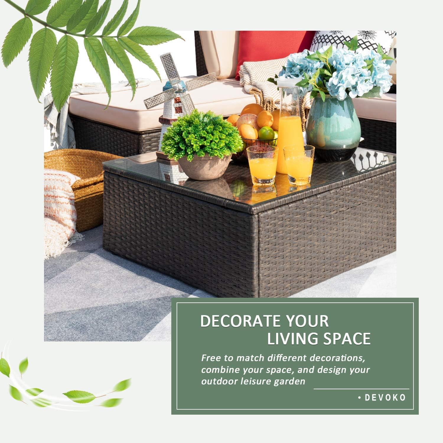 Devoko 7 Pieces Outdoor Sectional Sofa All-Weather Patio Furniture Sets Manual Weaving Wicker Rattan Patio Conversation Sets with Cushion and Glass Table (Beige): Garden & Outdoor