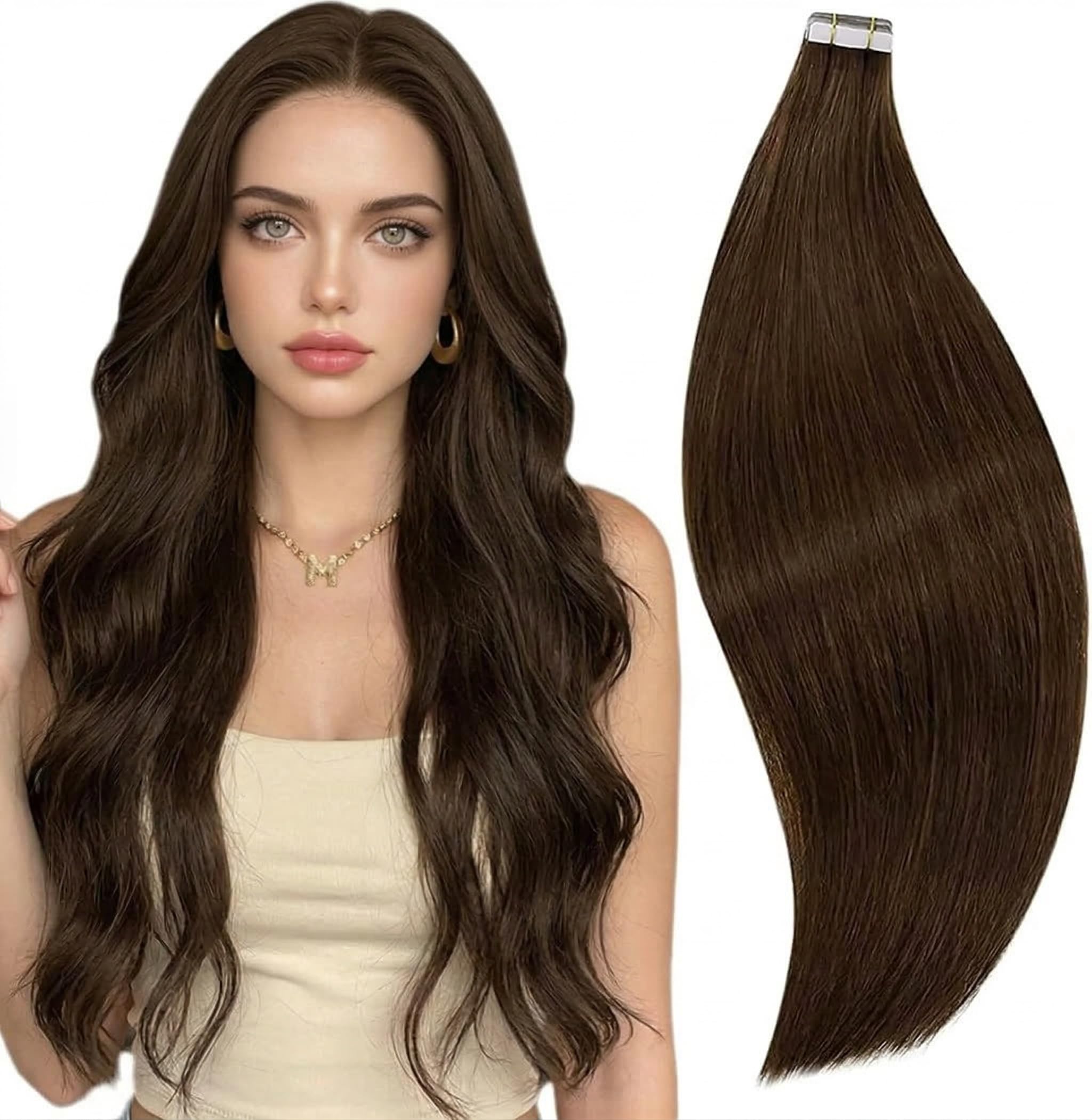 RUNATURE 26 Inch Tape in Hair Extensions Human Hair Brown Tape Hair Extensions Real Human Hair Invisible Tapes Remy Straight Dark Brown Hair 20pcs 50g #4 — image 1