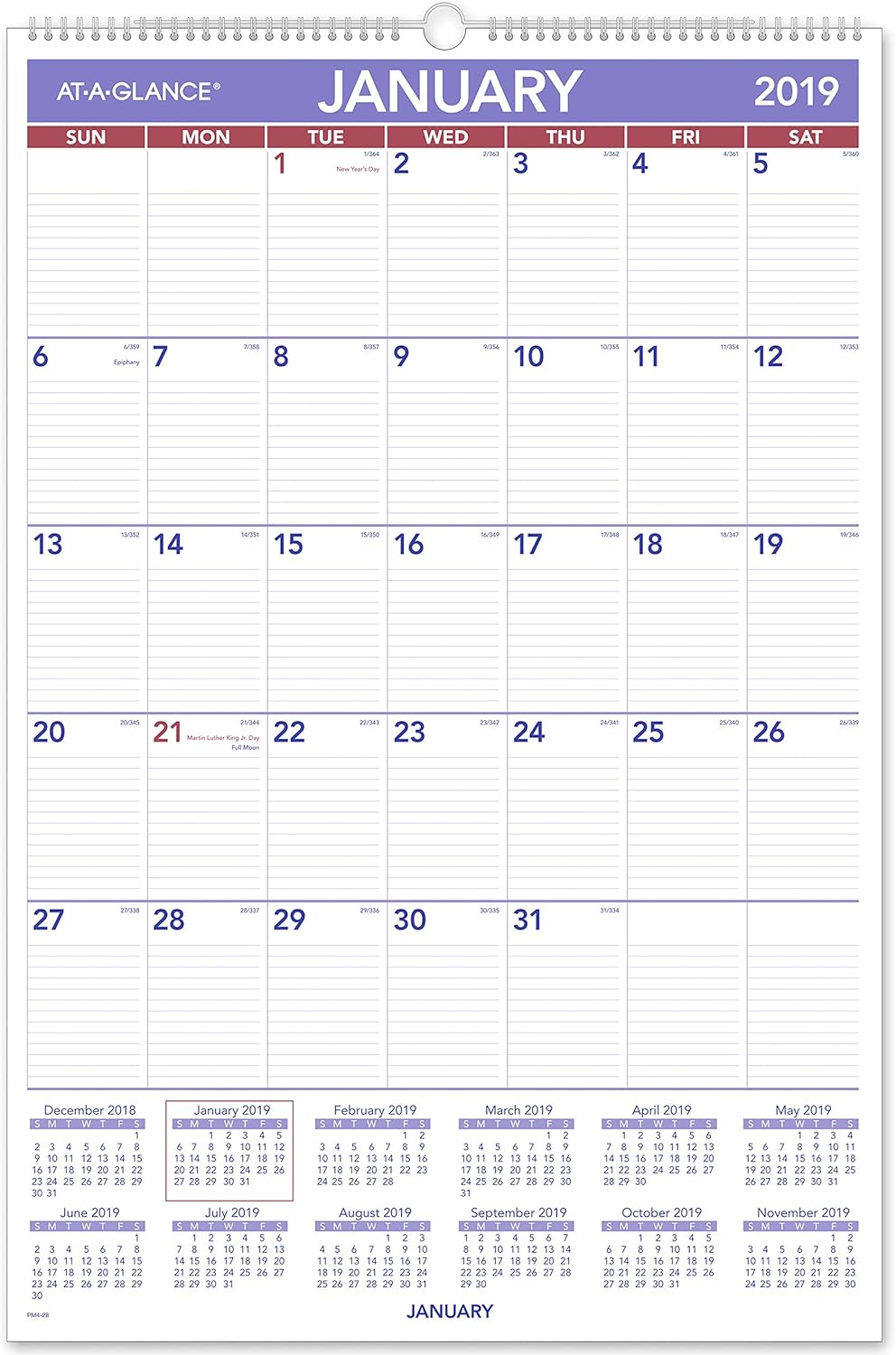 AT-A-GLANCE 2019 Monthly Wall Calendar, 20" x 30", XLarge, Wirebound (PM428)