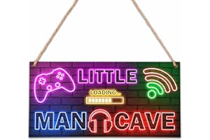 ZIIUFRN Little Man Cave, Neon Gaming Wooden Door Sign for Gamer Room Decor, Boys Decorations for Bedroom Nursery Playroom Wall Art (6"x12") -C01