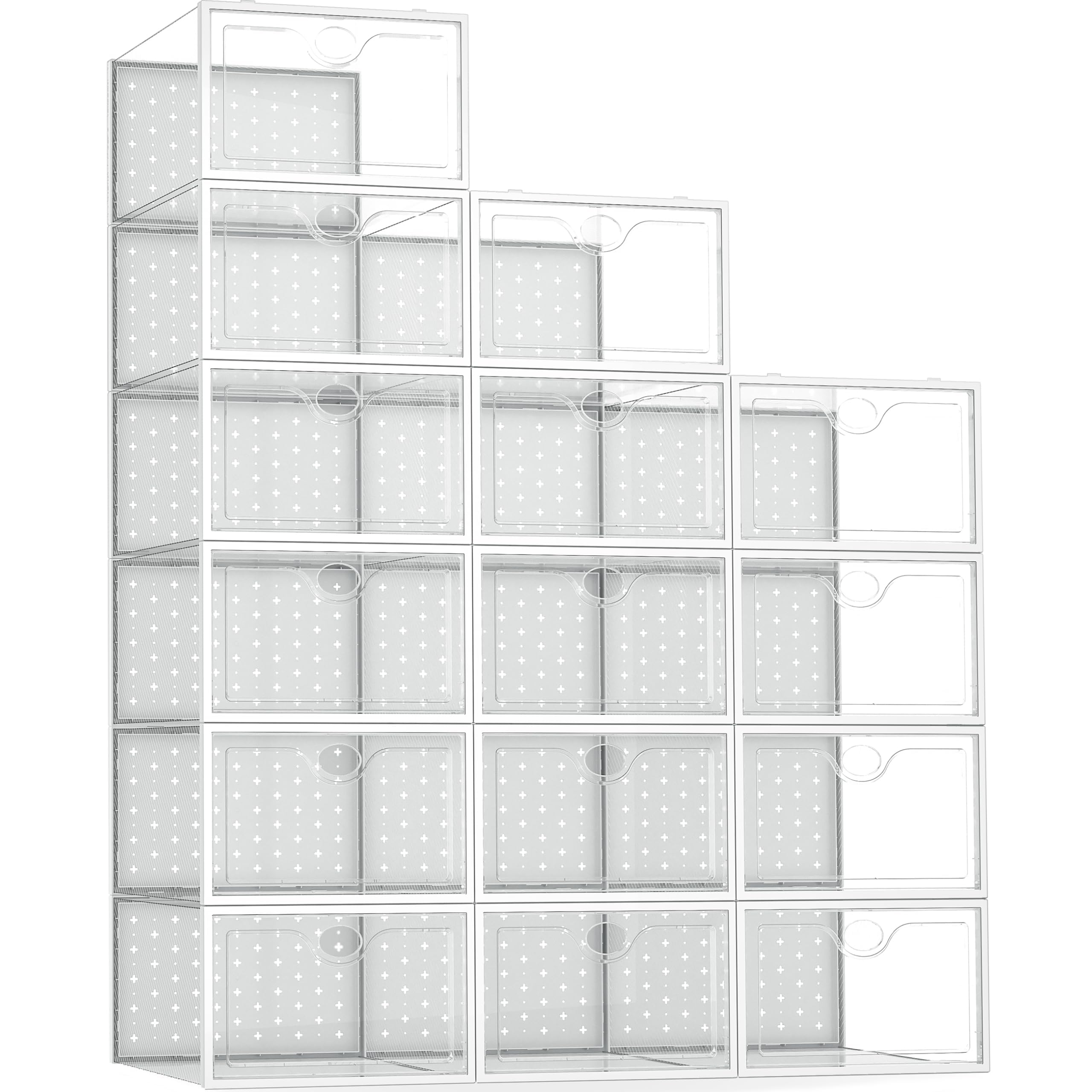 Photo 1 of **MISSING ONE PLASTIC DOOR***Pinkpum 15 Pack X-Large Shoe Storage Boxes Fit US Size 11, Shoe Organizer for Closet Clear Plastic Stackable Shoe Dispaly Case Holder Bins, Sneaker Storage for Sneakerheads White for Home and Family