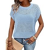 Magritta Summer Sweaters for Women Lightweight Cap Sleeve Tops Dressy Loose Fit Shirts Crew Neck Crochet Outfits