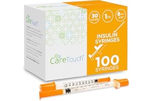 Care Touch Pack of 100 Insulin Syringes with Needle - 30G 5/16" (8 mm) 1 mL - Pre-Lubricated, Sterile - Disposable Surgical-Grade Stainless Steel for Smooth, Precise Comfortable Insulin Injections