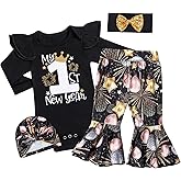 ADIFUN My First New Years Baby Girl Outfit 2026 Baby Girl Ruffle Romper Fireworks Flared Pants Headband 4 Pcs