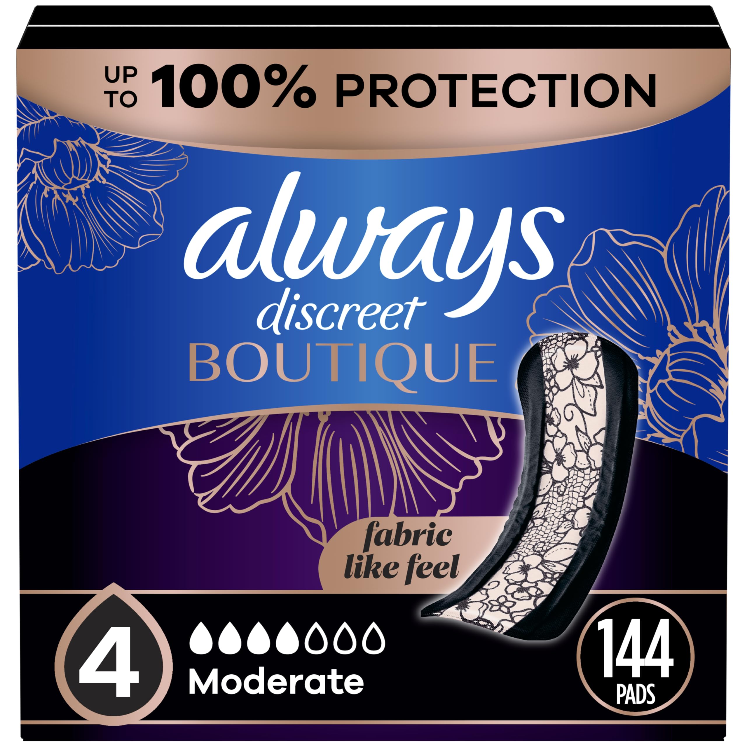 Photo 1 of Always Discreet Boutique Incontinence Pads, for Bladder Leaks, Moderate Absorbency, Regular Length, 144 Count (3 Packs of 48)